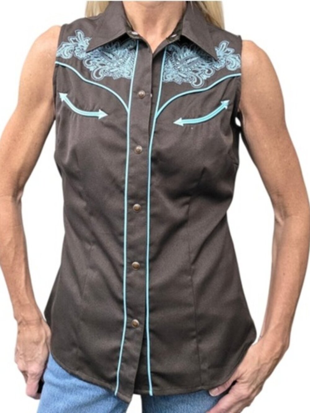 Roper Brown Turquoise Embroidered Western Snap Shirt S